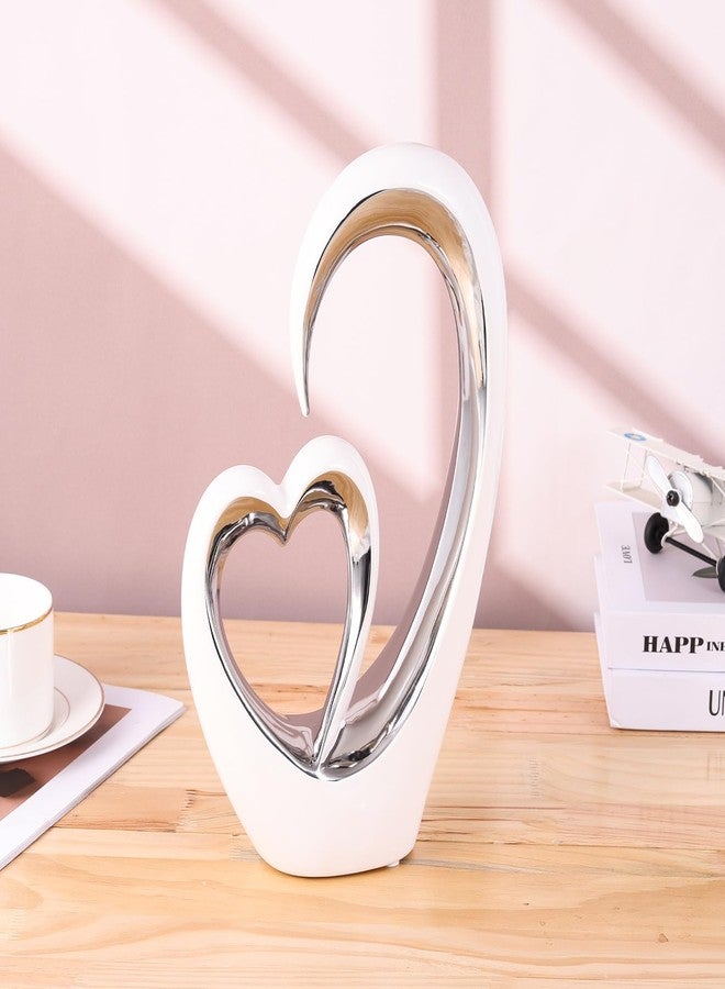 oliruim OliRium Silver White Heart Sculpture - Ceramic Silver Double Heart Couple Decor Art Statue for Wedding, Valentine's Day Decor, Living Room Coffee Table Centerpiece (Tall) - Image 2
